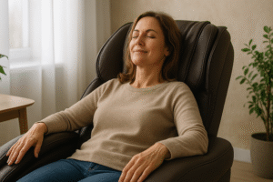Femme détendue dans un fauteuil de massage, lumière naturelle, ambiance apaisante