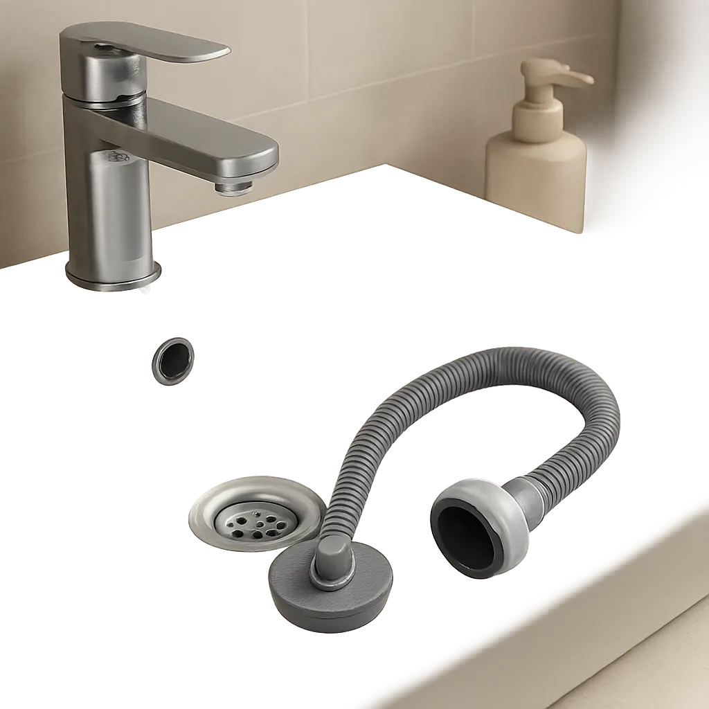 Illustration d’un bouchon pour lavabo adapté aux petits siphons de salle de bain. Une scène propre et moderne qui met en avant la simplicité d’usage et la fermeture efficace.