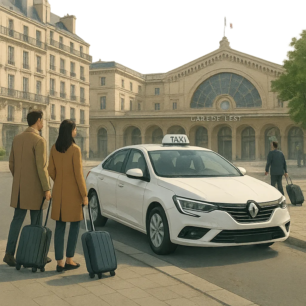 Illustration d’une prise en charge taxi sereine devant la Gare de l’Est. Une scène urbaine professionnelle qui évoque la fiabilité, l’anticipation et la simplicité de réservation.
