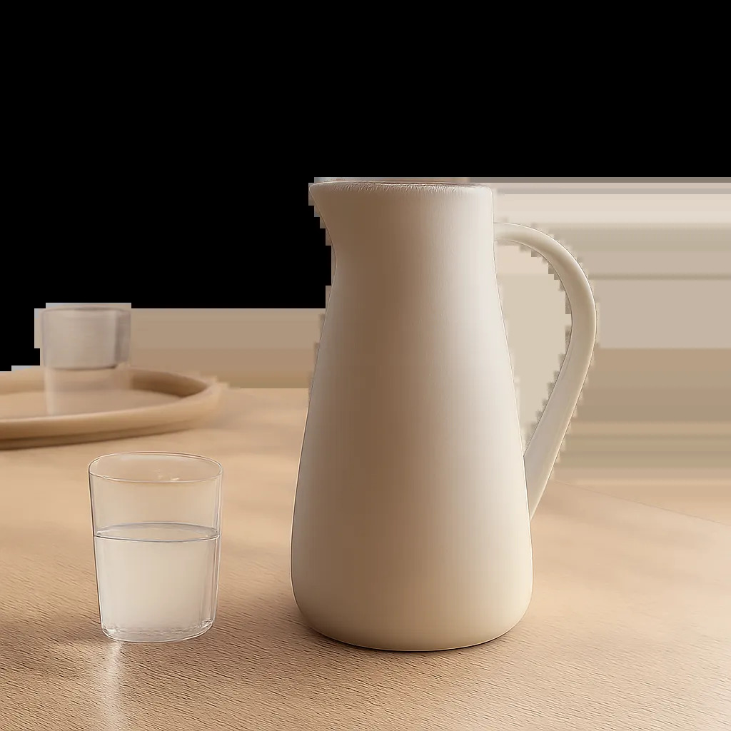 Une carafe en céramique sobre et élégante mise en scène dans un intérieur contemporain. L’image évoque une hydratation quotidienne plus discrète, durable et premium.
