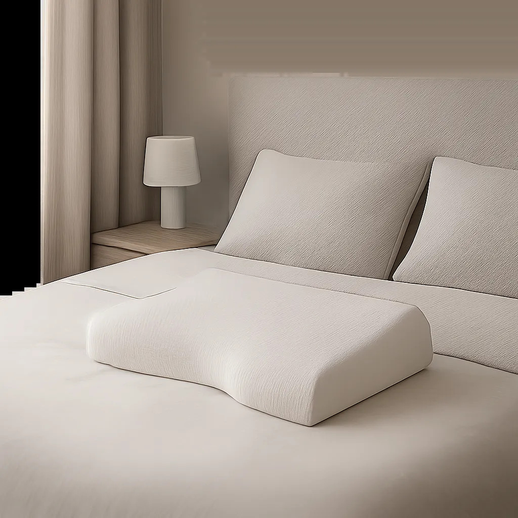 Illustration d’un oreiller ergonomique premium mis en scène dans une chambre apaisante et contemporaine. L’image évoque le soutien de la nuque, l’alignement et le confort de sommeil.