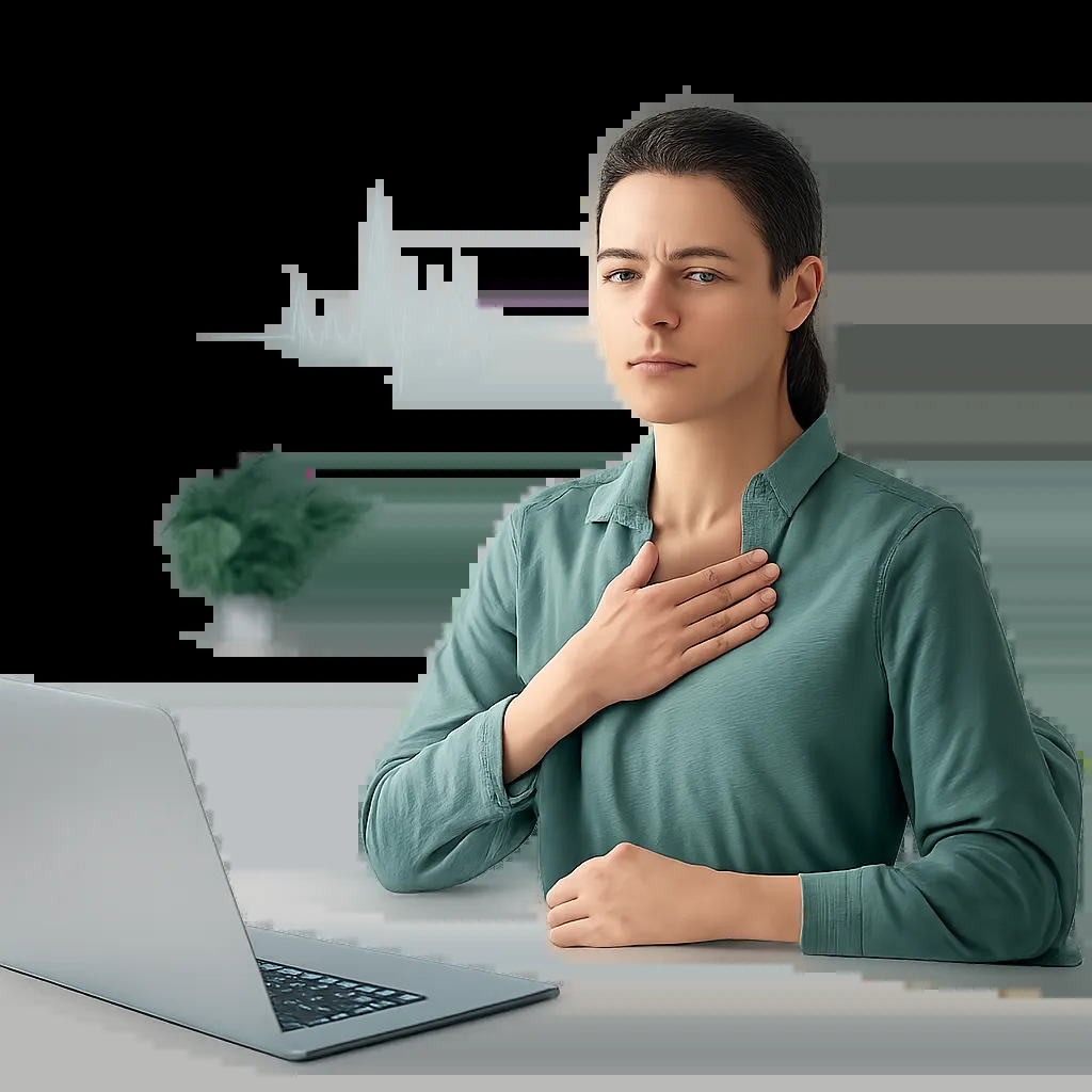 Illustration d’une personne en train de pratiquer la cohérence cardiaque dans un environnement de travail apaisé. L’image évoque la gestion du stress, la récupération active et le retour à un meilleur niveau d’énergie.